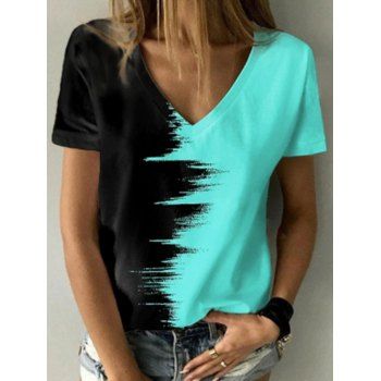 

Two Tone Contrast T Shirt Short Sleeve V Neck Casual Tee, Green