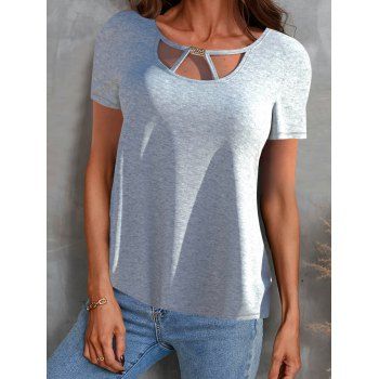 

Cut Out T Shirt Metal Detail Short Sleeve Simple Style Casual Tee, Light gray