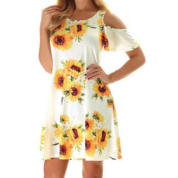 

Cold Shoulder Mini Dress Sunflower Print Vacation Dress Short Sleeve Casual Tee Dress, Light yellow