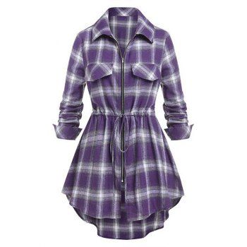 

Plaid Print Shirt Mock Pocket Drawstring Zipper Front Curved Hem Long Sleeve Casual Shirt, Purple