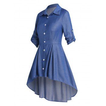 

Casual Shirt Solid Color High Waisted Turn Down Collar Button-up High Low Hem Shirt, Deep blue