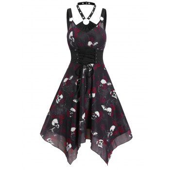 

Skull Rose Spider Web Lace Overlap Handkerchief Dress O Ring Halter Lace Up Gothic Dress, Black