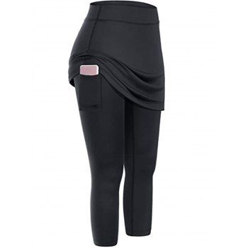 

Skirted Capri Leggings Solid Color Elastic High Waist Leggings Pockets Casual Leggings, Black