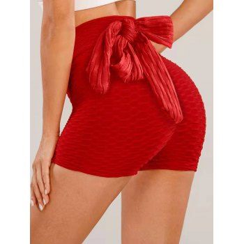 

Textured Mini Leggings Bowknot Elastic High Waisted Leggings Solid Color Casual Shorts, Red