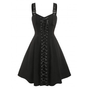 

Sleeveless Lace-up Front Mock Button Dress, Black