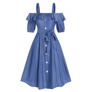 

Solid Color Dress Casual Dress Cold Shoulder Flounce Button Belted A Line Midi Summer Dress, Deep blue