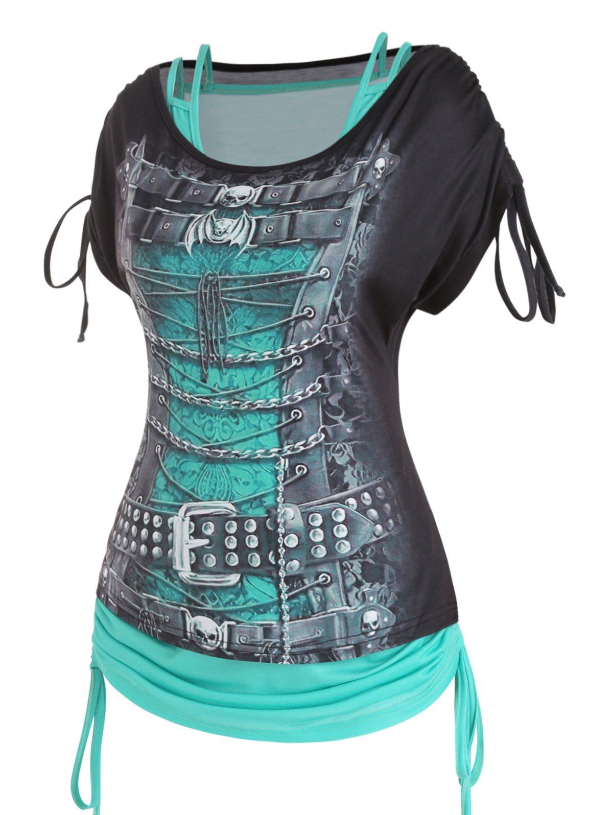 Two Piece Top Solid Color Cinched Tank Top And 3D Print Scoop Neck T Shirt Casual Top - GREEN XXL