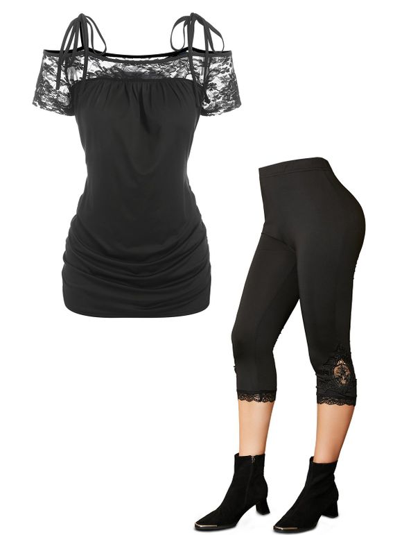T-shirt Gothique Panneau en Dentelle Applique Brodé à Epaule Dénudée et Legging Corsaire - Noir S