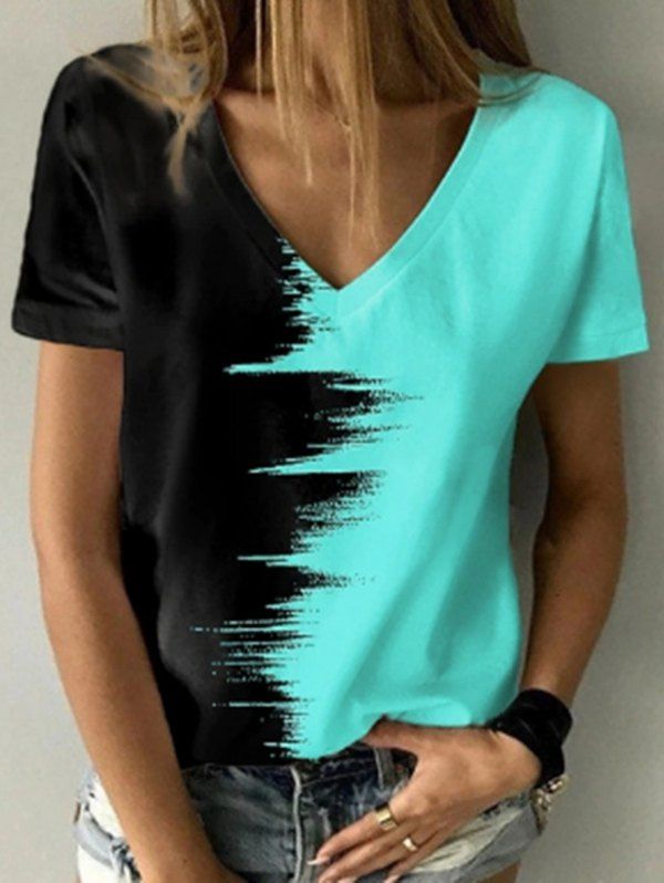 T-shirt Décontracté Contrasté Bicolore Manches Courtes à Col V - Vert XL