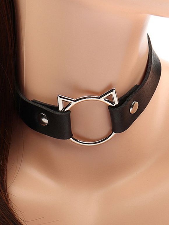 Gothic Abstract Cat Faux Leather Punk Necklace - BLACK 