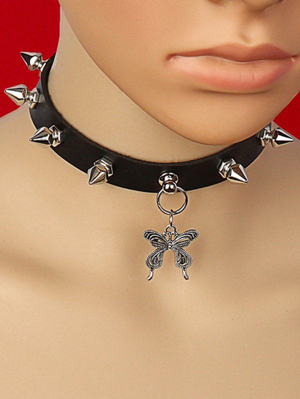 Butterfly Pendant Rivets Faux Leather Gothic Punk Choker Necklace - BLACK 
