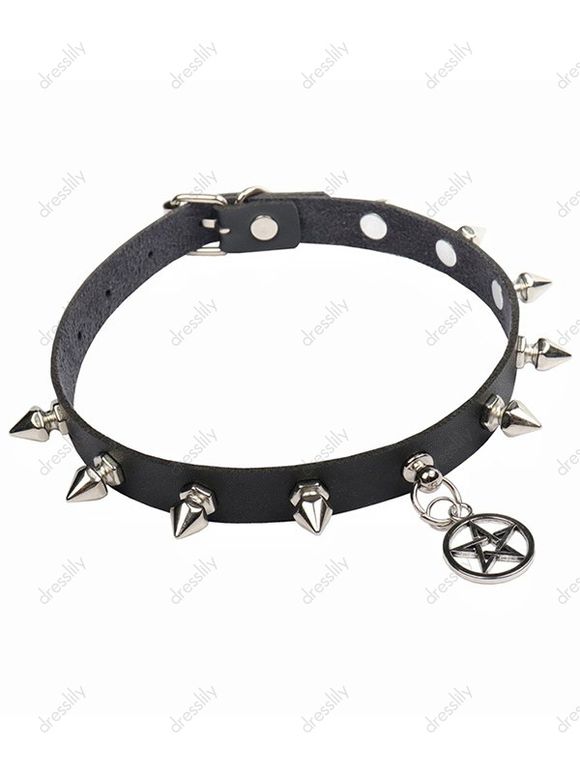 Collier en Simili Cuir Motif Rivets Etoiles à Sculpture Creuse Style Punk - Noir 