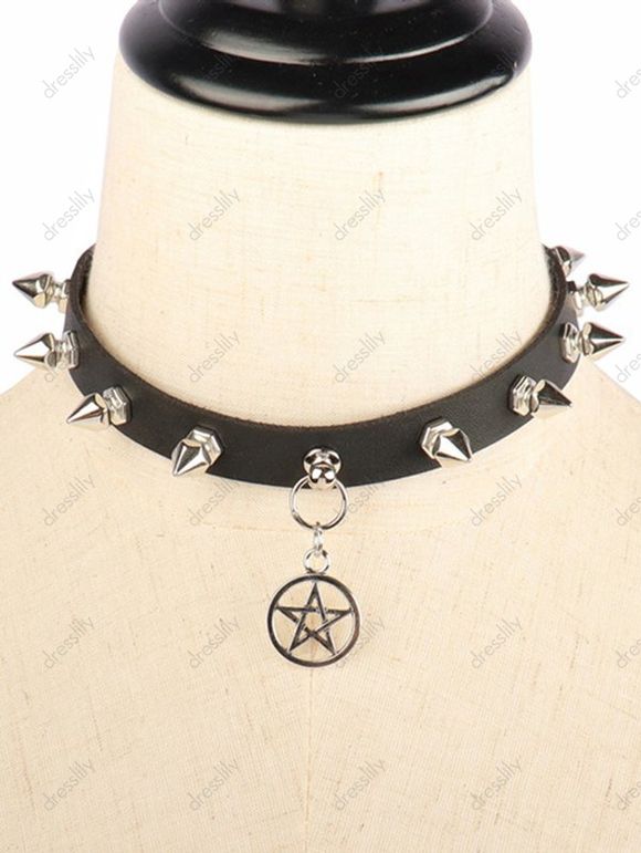 Collier en Simili Cuir Motif Rivets Etoiles à Sculpture Creuse Style Punk - Noir 