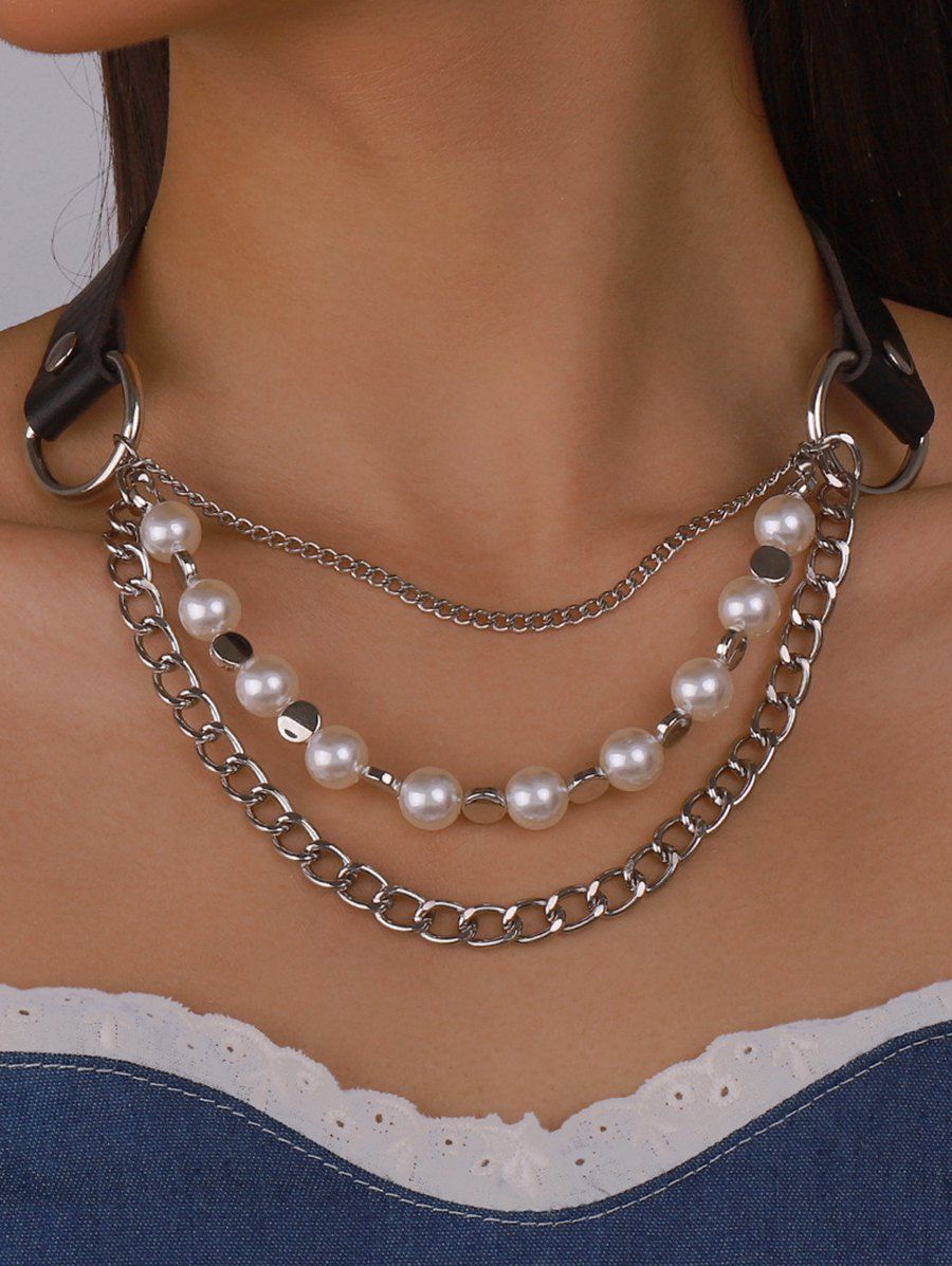 Collier en Plusieurs Chaînes avec Perles et en Simili Cuir Style Gothique - Argent 