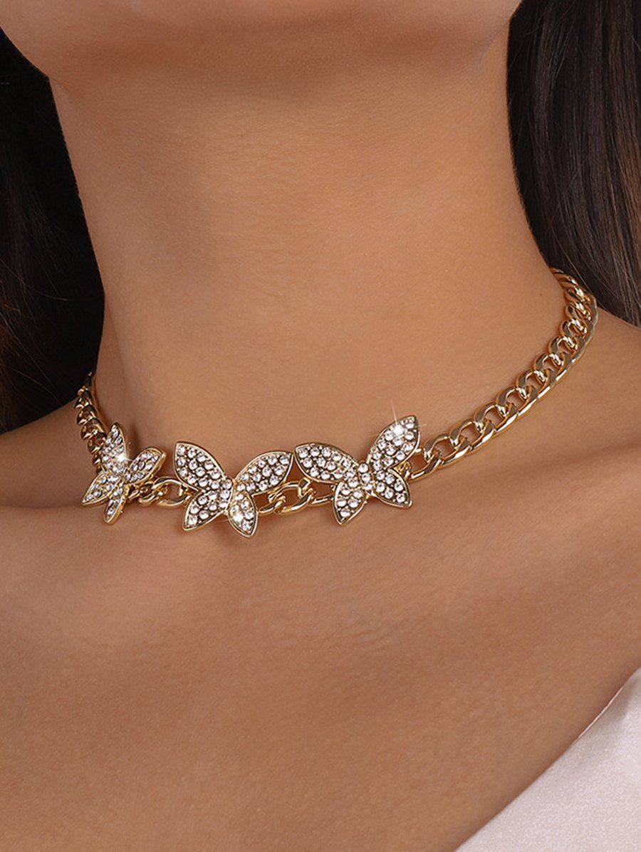 Butterfly Choker Rhinestone Hollow Out Vintage Necklace - SILVER 