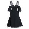 Floral Lace Insert Crossover Butterfly Sleeve A Line Mini Dress And Lace Choker Necklace Earrings Set - BLACK S