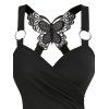 Butterfly Lace Surplice Crisscross Tank Top Embroidery Flower Lace Insert Flare Pants And Heart Choker Gothic Outfit - BLACK S