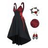 Halloween Outfit Lace Up Skull Pattern Lace Insert High Low Gothic Dress And Rose Flower Lace Necklace Earrings Set - BLACK S