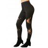 Gothic Outfit Floral Lace Sleeve Cowl Neck T Shirt And Lace Patch Eyelets High Waist Pants Set - BLACK S