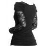 Gothic Outfit Floral Lace Sleeve Cowl Neck T Shirt And Lace Patch Eyelets High Waist Pants Set - BLACK S