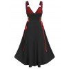 Gothic Dress Skull Lace Insert Corset Style A Line Dress Plunge O Ring High Low Dress - BLACK XL