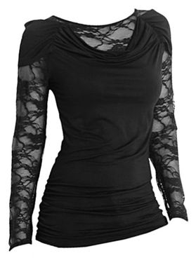 See Thru Floral Lace Panel T Shirt Cowl Neck Ruched Casual Tee