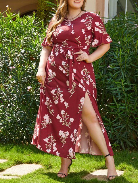 Plus Size & Curve Dress Floral Dress Slit High Waist Self Belted A Line Maxi Vacation Casual Dress