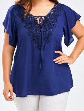 Plus Size T Shirt Hollow Out Lace Insert Solid Color Tied Front Flutter Sleeve Casual Summer Tee