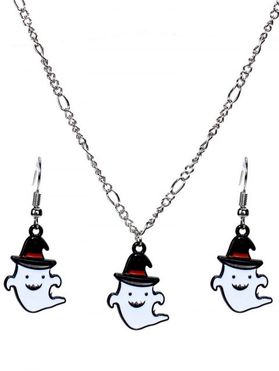 Halloween Cute Ghost With Hat Necklace Drop Earrings Gothic Set