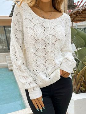 Flower Lace Insert Crochet Sweater Long Sleeve Plain Color Pullover Sweater