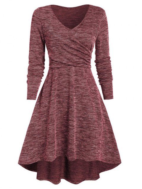 Knit Dress Heather Dress Crossover High Waisted Long Sleeve High Low Midi Casual Dress