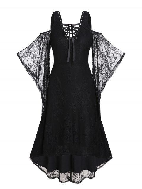 Gothic High Low Dress Cold Shoulder Sheer Flower Lace Sleeve Lace Up Dress