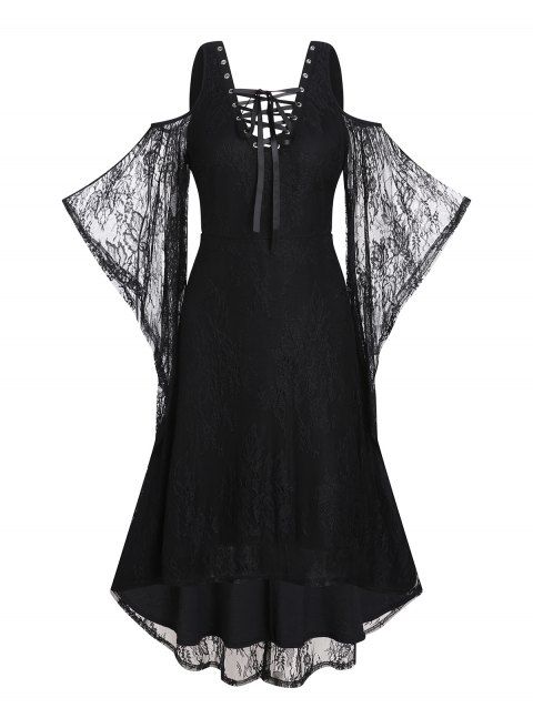 Gothic High Low Dress Cold Shoulder Sheer Flower Lace Sleeve Lace Up Dress