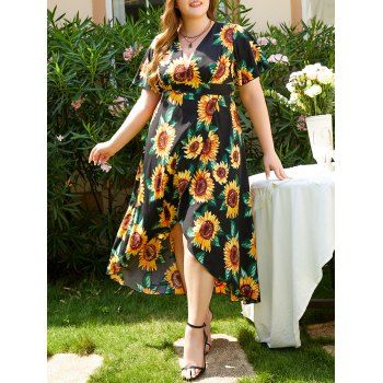 shop online Plus Size Curve Dress Sunflower Dress Plunge High Waisted Maxi High Low Vacation Dress DRESSLILY Gender Female Size 1X Color BLACK