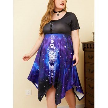

Plus Size & Curve Dress Celestial Sun Moon Galaxy Print Dress O Ring Handkerchief Midi Dress, Black