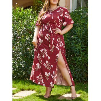 

Plus Size & Curve Dress Floral Dress Slit High Waist Self Belted A Line Maxi Vacation Casual Dress, Red