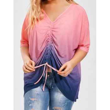 

Plus Size T Shirt Ombre T Shirt Cinched Bat Sleeve V Neck Summer Casual Tee, Light pink