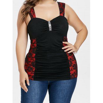 

Plus Size Tank Top Colorblock Tank Top Sequined Flower Lace Insert Summer Casual Top, Black