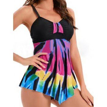 

Modest Tankini Swimsuit Colored Printed Padded Asymmetrical Hem Beach Swimwear, Multicolor