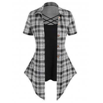 

Plus Size Faux Twinset T Shirt Plaid Print Crisscross Mock Button Colorblock T Shirt, Black