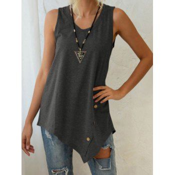 

Asymmetric Pointed Hem T Shirt Mock Button Casual Sleeveless Tee, Gray