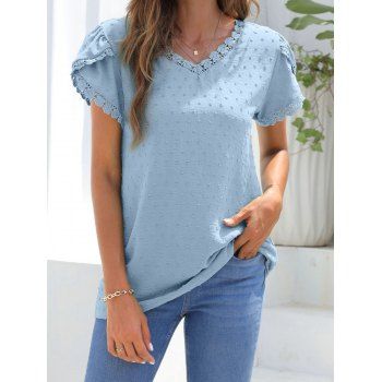 

Swiss Dots Blouse Crochet Lace Trim Crossover Sleeve Plain Color Blouse, Light blue