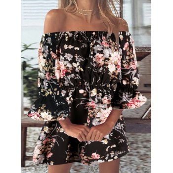 

Flower Allover Print Mini Dress Off The Shoulder Poet Sleeve Strapless Dress, Black