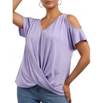 

Cold Shoulder T Shirt Solid Color Crossover V Neck Summer Casual Tee, Light purple
