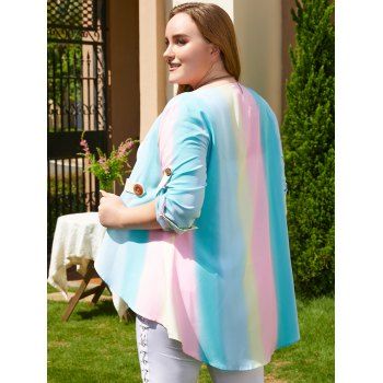 Plus Size & Curve Rainbow Ombre Print Pastel Roll Up Sleeve Asymmetric Top And Basic Camisole Two Piece Set