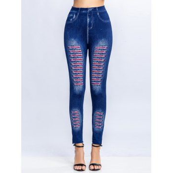 

3D Faux Denim Print Jeggings Skinny Jeggings Elastic High Waisted Knit Leggings, Deep blue