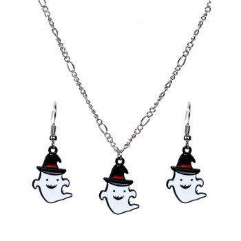 

Halloween Cute Ghost With Hat Necklace Drop Earrings Gothic Set, White