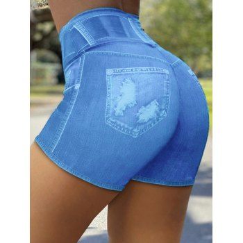 

Denim 3D Print Short Mini Jeggings High Waist Skinny Short Leggings, Blue