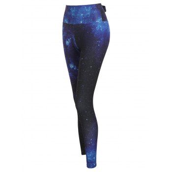 

Galaxy Allover Print Leggings Back Cut Out Bowknot Casual Leggings Wide High Waist Skinny Leggings, Blue