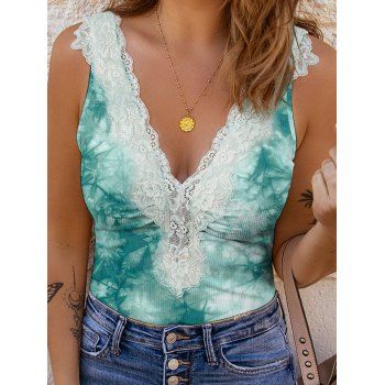

Tie Dye Tank Top Textured Floral Lace Insert Plunging Neck Summer Casual Top, Light green